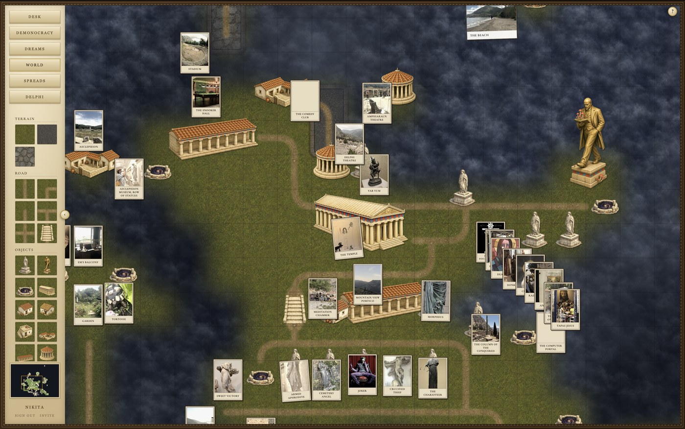 Mapa del mundo del juego: templos, teatros y cartas de los jugadores sobre el terreno
